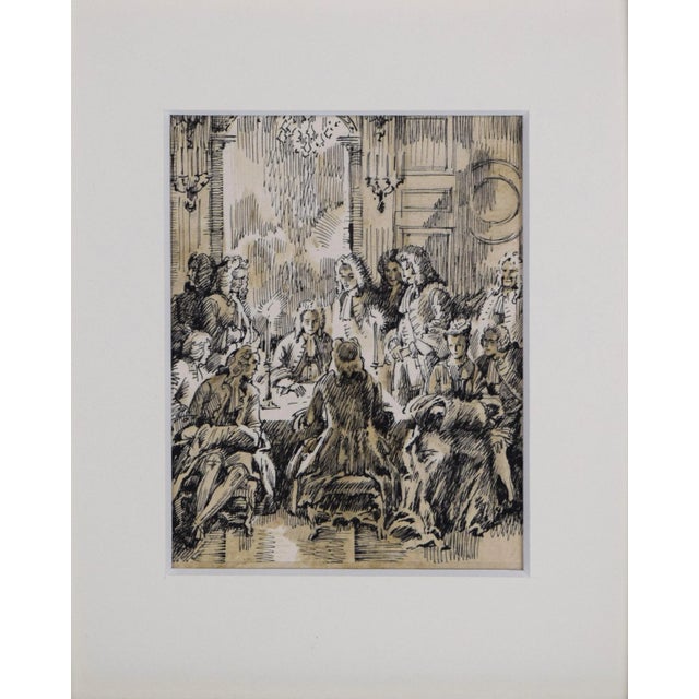 Vintage pen & ink illustration with watercolor by Anatoly Itkin of a formal gathering at a table overlooking documents by...