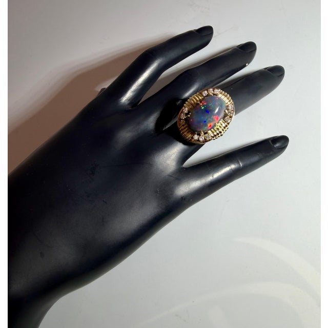 10Ct Oval Shape Black Australian Opal Cocktail Ring 14 Kt Yellow Gold, Size 6.5 For Sale In New York - Image 6 of 8