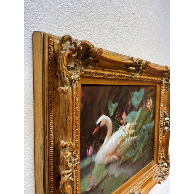 Among the Lilies by Bao Ho | Oil Painting of a swan among lily pads and flowers For Sale - Image 4 of 5