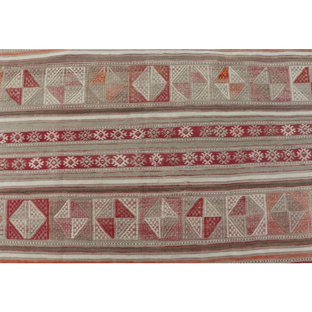 Mid 20th Century Mid 20th Century Colorful Turkish Vintage Embroidered Kilim With Stripes and Geometric Motifs For Sale - Image 5 of 11