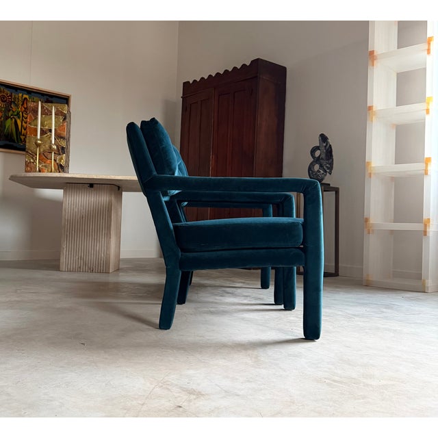Pair Re-Upholstered Emerald Green Velvet Parsons Lounge Chairs Milo Baughman For Sale - Image 14 of 18