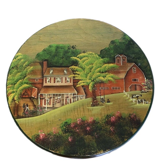 Vintage American folk art counter stool featuring an unusually detailed hand-painted farm scene on a round wood seat with...