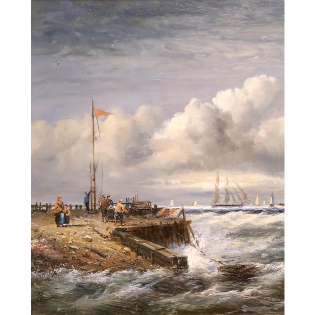 Vintage Signed Italian Marine Harbor Scene Painting With Sailboats and Figures For Sale - Image 4 of 13