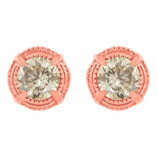 14K Rose Gold Plated .925 Sterling Silver 1.0 Cttw Round Brilliant Cut Diamond Solitaire Milgrain Stud Earrings, A Pair For Sale