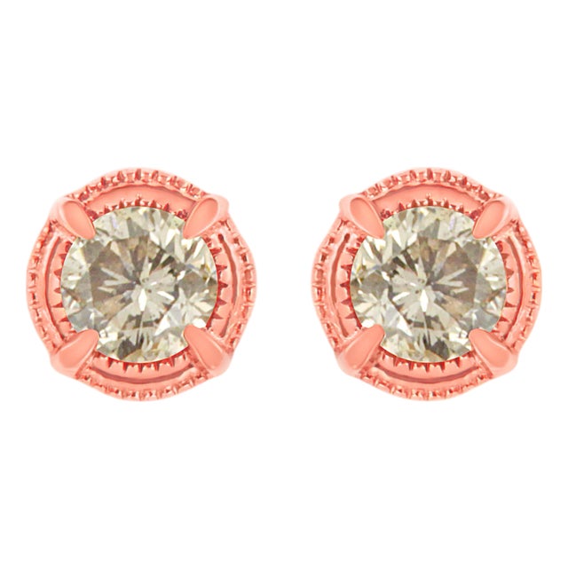 14K Rose Gold Plated .925 Sterling Silver 1.0 Cttw Round Brilliant Cut Diamond Solitaire Milgrain Stud Earrings, A Pair For Sale