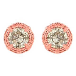 14K Rose Gold Plated .925 Sterling Silver 1.0 Cttw Round Brilliant Cut Diamond Solitaire Milgrain Stud Earrings (K-L Color, I2-I3 Clarity) For Sale