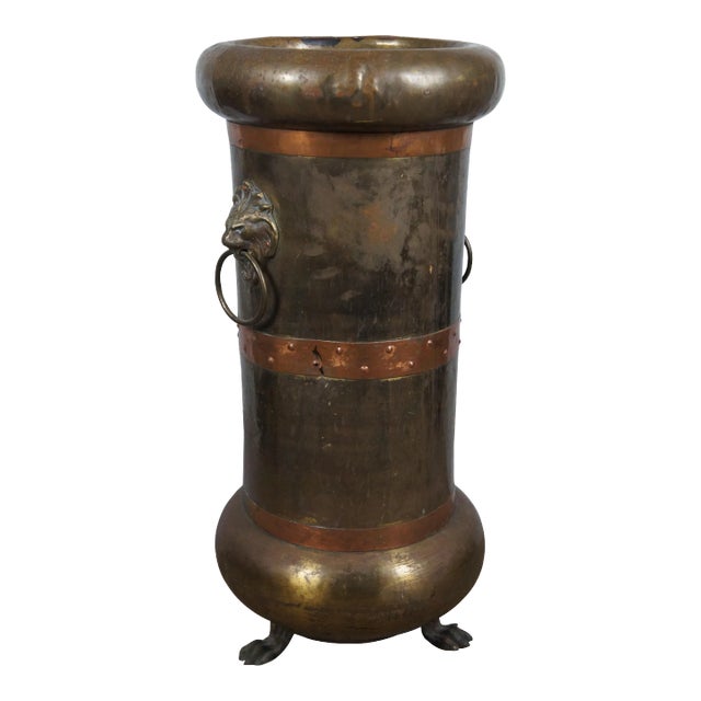 Early 20th Century Arts & Crafts Brass Copper Lion Head Claw Foot Umbrella Cane Stand For Sale