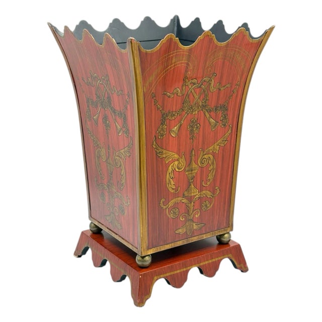Maitland-Smith Style Red Toile Scalloped Metal Wastebasket For Sale