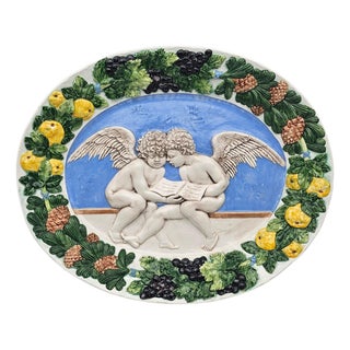 Italian Della Robbia Style Angels Oval Wall Platter 19.5" Glazed Relief Fruit For Sale