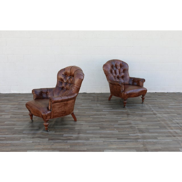 English Pair of Vintage 1980s Distressed Brown Leather Tufted Library Armchairs For Sale - Image 3 of 18