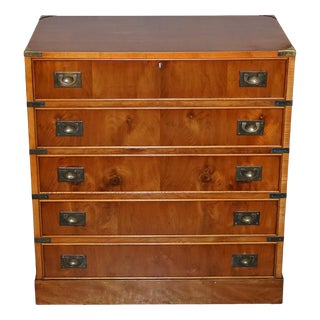 Vintage Military Campaign Yew Wood Secretaire with Brass Handles For Sale