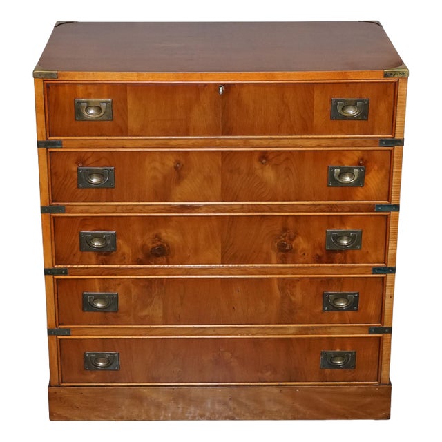Vintage Military Campaign Yew Wood Secretaire with Brass Handles For Sale