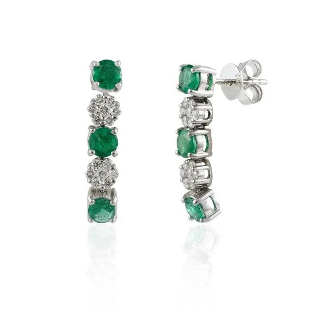 Art Deco 1.29 Carat Brilliant Cut Emerald & Diamond Cluster Dangle Earrings in 14k Gold- 2 Pieces For Sale - Image 3 of 7