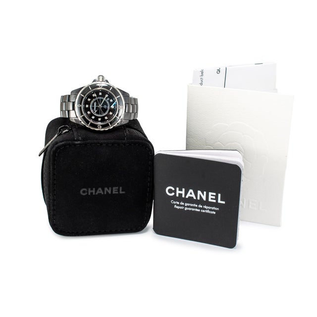 Black Ladies Chanel J12 Black Ceramic 33mm H1625 Icon 12 Diamond Steel Quartz Watch For Sale - Image 8 of 8
