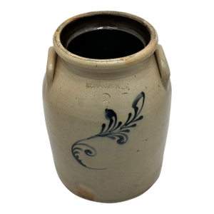 Nice Antique American Blue Decorated 2 Gallon Size Stoneware Butter Churn by Edmonds & Co. Charlestown Massachusetts
