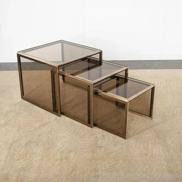 Nesting Tables in ​​Brass and Smoked Glass by Renato Zevi, 1960s-1970s, Set of 3 For Sale - Image 6 of 6