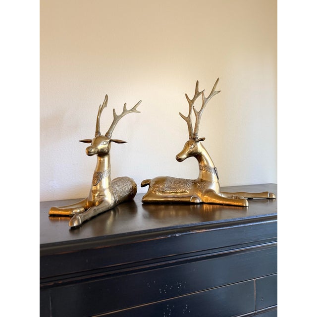 Hollywood Regency Pair of Extra Large Brass Deer For Sale - Image 3 of 5