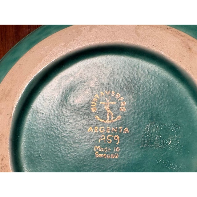 Art Deco 1940s Wilhelm Kåge for Gustavsberg Sweden Teal 'Argenta' Bowl With Floral Pattern For Sale - Image 3 of 4