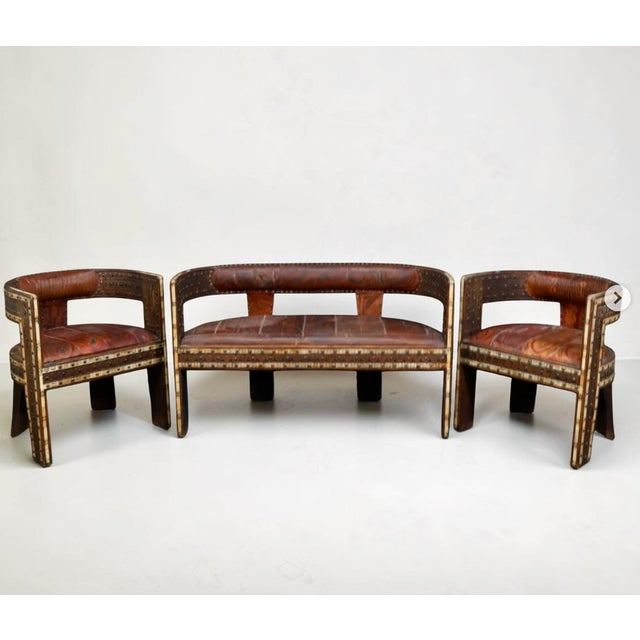 African Hardwood and Leather Two‑seater Settee, 1960s For Sale - Image 10 of 11