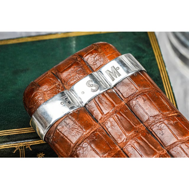 Victorian Handsome English Cigar Case Antique Leather Sterling Silver Tobacciana For Sale - Image 3 of 14