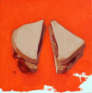 I Feel Useful by Felicia Forte | Oil on Paper Painting of a sliced sandwich on an orange background