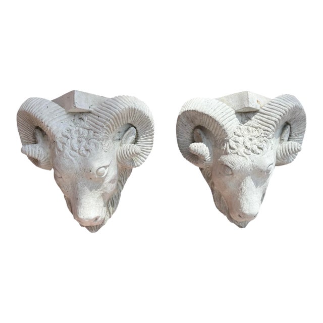 Vintage Cast Stone Rams Head Wall Brackets For Sale