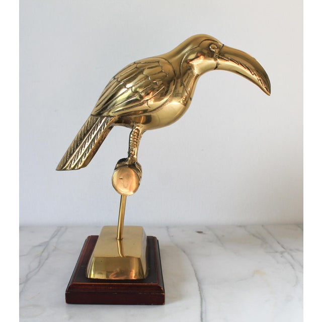 Vintage Brass Tucan Bird Sculpture Mounted on Wood Base. For Sale - Image 4 of 11