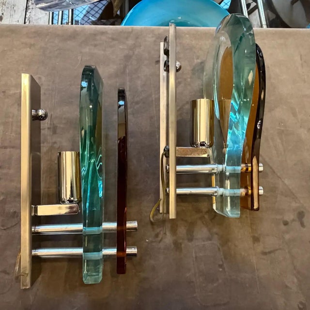 1970s Set of Two 1970s Space Age Amber and Green Heavy Glass Wall Sconces by Veca For Sale - Image 5 of 18