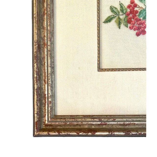 Custom Framed Needlepoint Embroidery of Botanical Red Berry Branches & Bluebirds, Circa Late 20th Century For Sale - Image 4 of 6