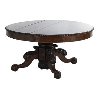 Late 19th Century Antique Neoclassical Empire Carved Flame Mahogany Dining Table & Four Leaves For Sale