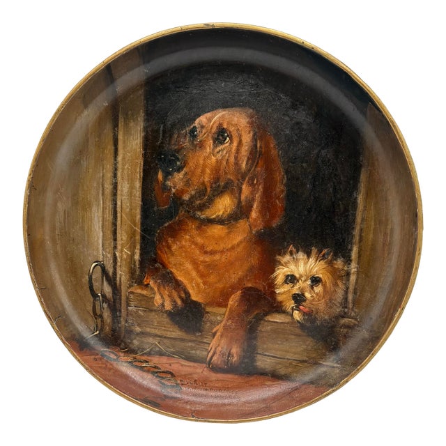 1960s Wooden Tray With Painted Dogs Styled After “Dignity and Impudence” Signed Hand Painted For Sale