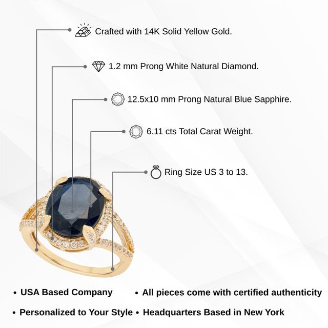 Royal 6.11ct Blue Sapphire Diamond Split-Shank Halo Ring Size 4 in 14k Gold For Sale - Image 12 of 17