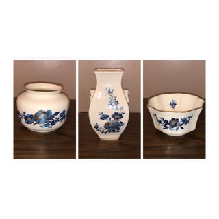 Vintage Lenox "Pagoda" Blue & Gold Porcelain Vases & Bowl - Set of 3 For Sale