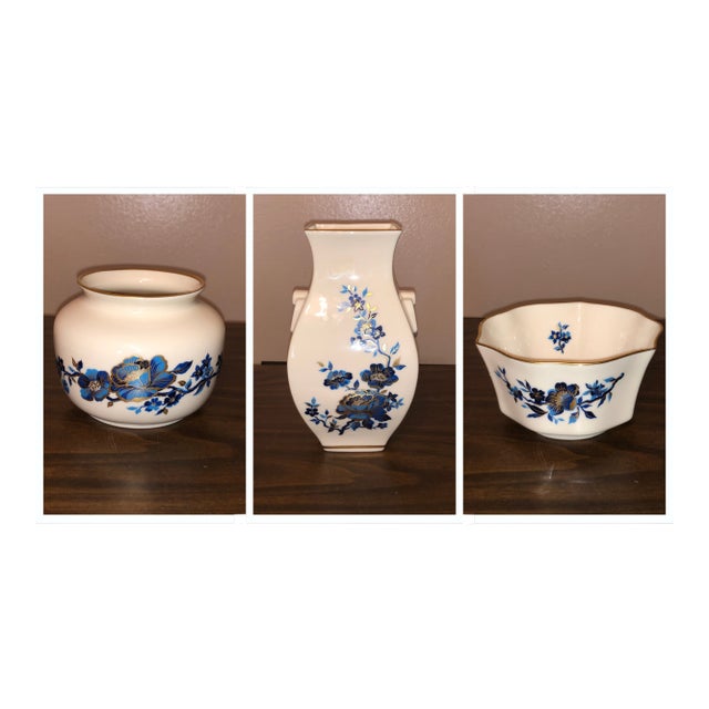 Vintage Lenox "Pagoda" Blue & Gold Porcelain Vases & Bowl - Set of 3 For Sale