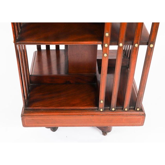 Wood Antique 20th Century Edwardian Flame Mahogany & Inlaid Revolving Bookcase, 1890s For Sale - Image 7 of 11