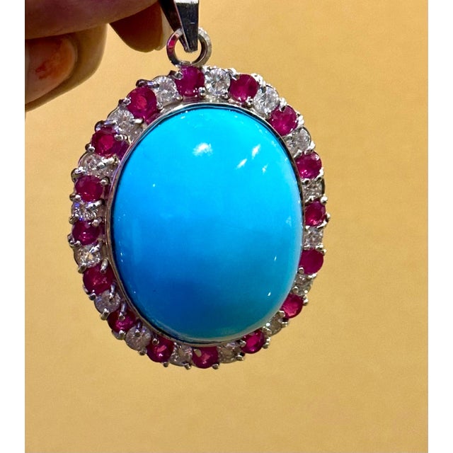 2010s GIA Certified 105 Ct Natural Oval Turquoise, Ruby & Diamond Pendant, Sleeping B For Sale - Image 5 of 18