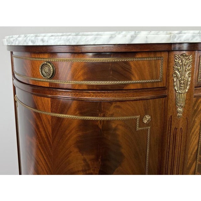 Vintage French Empire Carved Burr Inlay Sideboard with Marble Top For Sale - Image 6 of 18