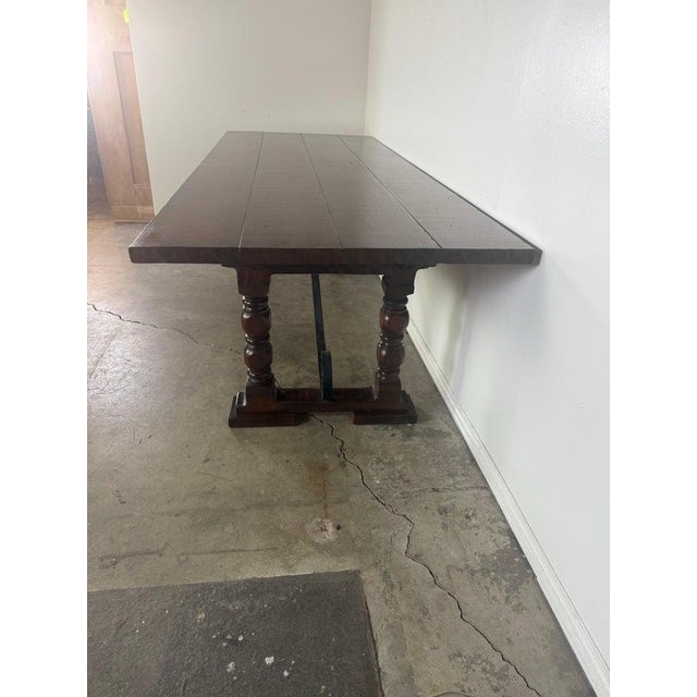 Monumental Spanish Revival Style Walnut Trestle Dining Table With Hand-Hewn Top For Sale - Image 4 of 8