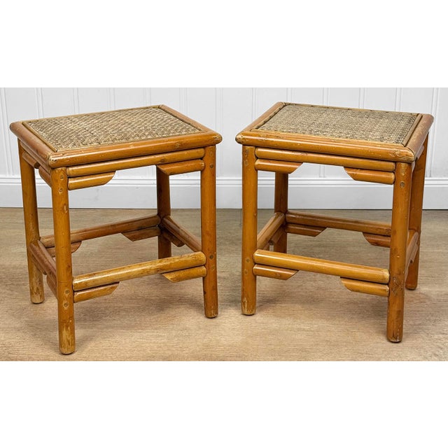 Vintage 1970s Coastal Rattan End Table Stands W/ Wicker Tops - A Pair For Sale - Image 4 of 10