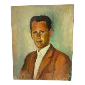Vintage Oil on Canvas Mid Century Modern Painting of a Dapper Man in Pastel Tones, Artist Signed B. Kondra 1961