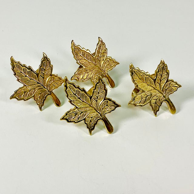 Metal 1980s Vintage Boho Chic Adirondack Arts & Crafts Rustic Brass Maple Leaf Napkin Rings - Set of 4 For Sale - Image 7 of 16