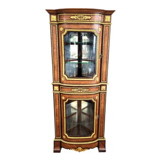 Antique French Bronze Mounted & Inlaid Corner Curio Cabinet Vitrine For Sale