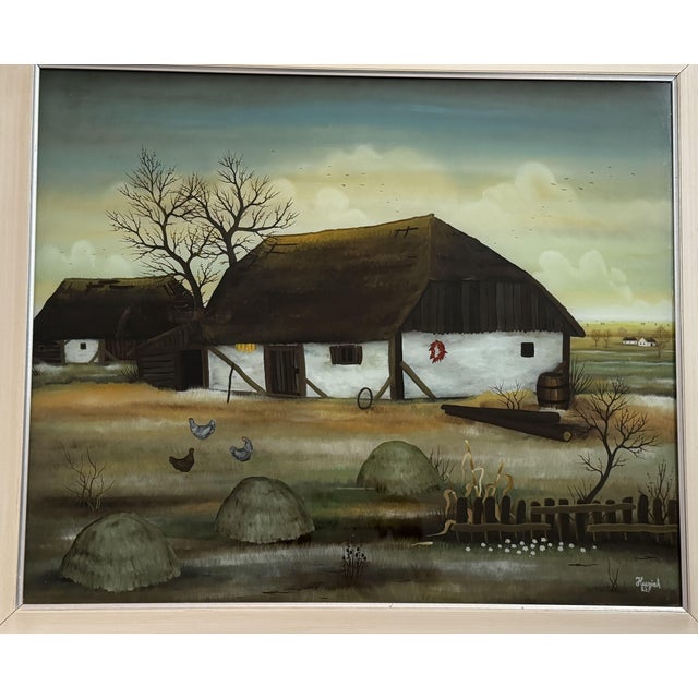 Zlatko Huzjak, Croatian artist, Oil painting on glass, 49 x 59 cm. Frame: 74 x 84.5 cm, with damage to one corner. This...