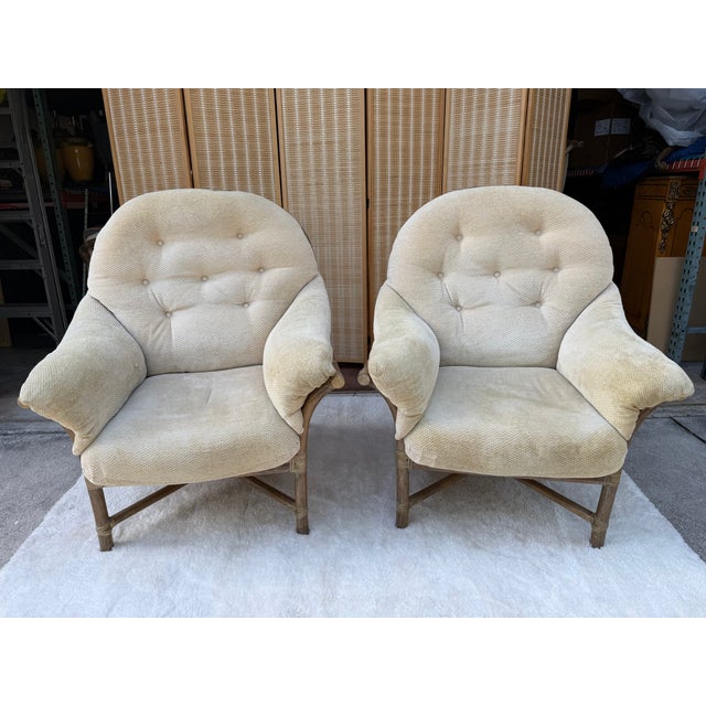 A beautiful pair of vintage McGuire of San Francisco lounge chairs featuring the brand’s signature rattan construction and...