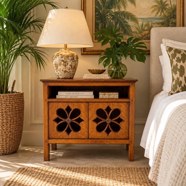 Distinctive vintage 1970s nightstand by Henredon, featuring a warm wood finish and a pair of decorative pierced-carved...