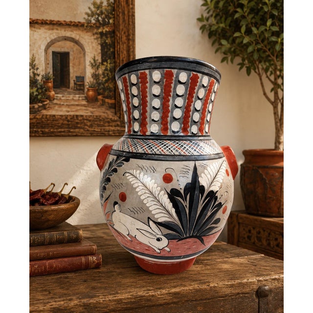 Striking vintage Mexican folk art pottery vase featuring an elaborate hand-painted design in muted gray, black, cream, and...