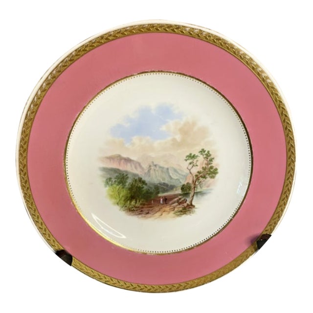 Antique 19th Cen Minton Topography Plates Pink Border Gold Trim 9" Dia For Sale