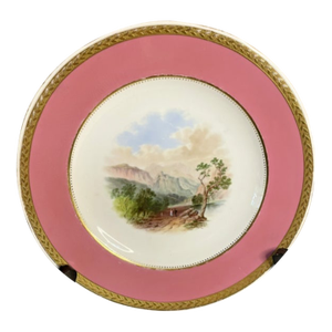 Antique 19th Cen Minton Topography Plates Pink Border Gold Trim 9" Dia
