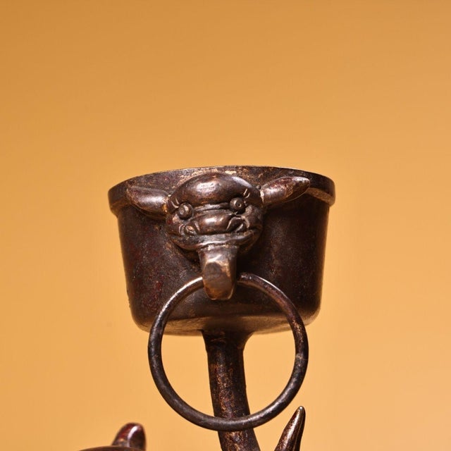 Metal Pair of Antique Chinese Gilt Bronze Foo Dog Candle Holders With Ring Handles For Sale - Image 7 of 10