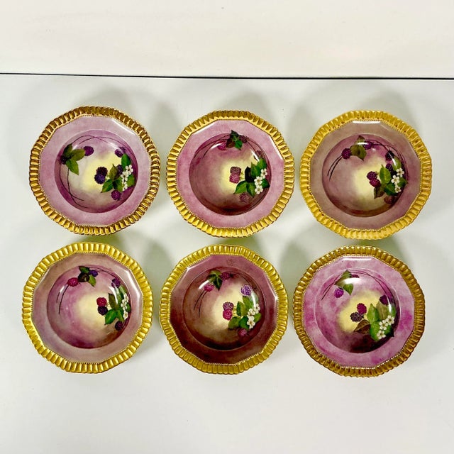 Hollywood Regency 1961 Vintage Boho Chic Hollywood Regency Majolica Czechoslovakia Porcelain Gilded Bowls - Set of 6. For Sale - Image 3 of 14